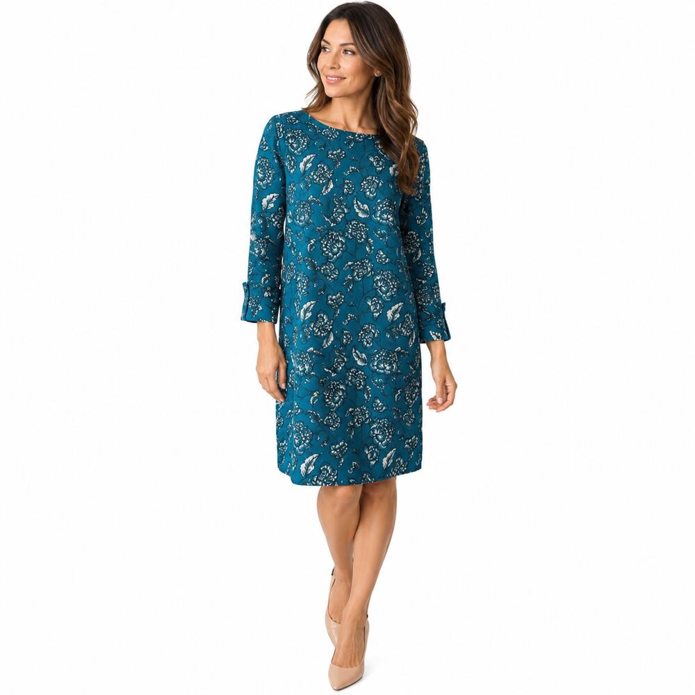 Banana Republic Teal Blue Floral Shift Dress Size 4 Long Sleeve Cuffed